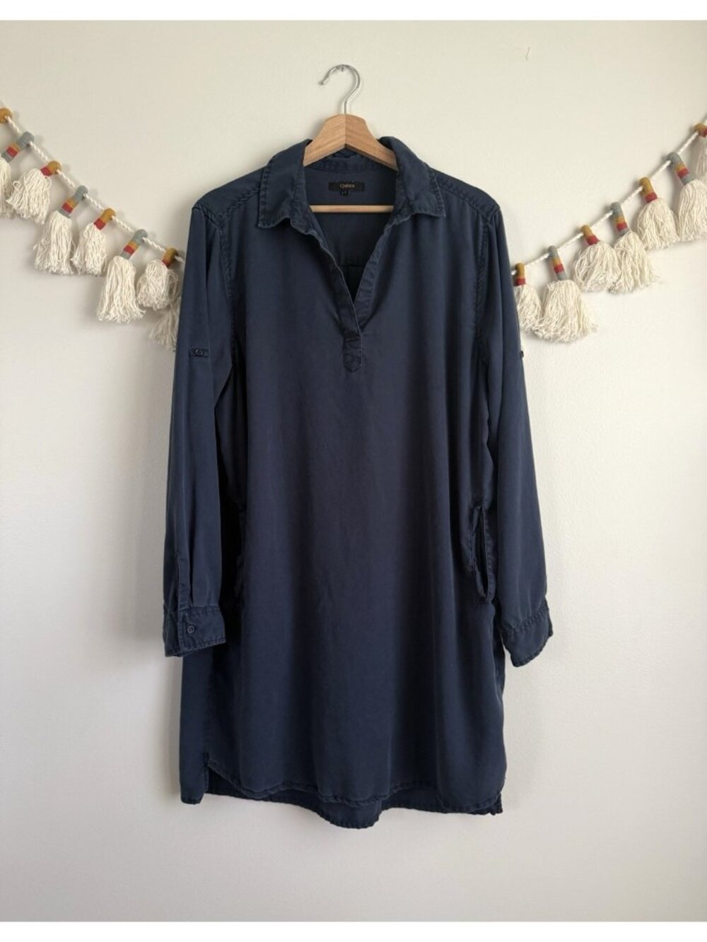 Quince Vintage Wash Tencel Roll Sleeve Tunic Dress Midnight Blue Effortless L